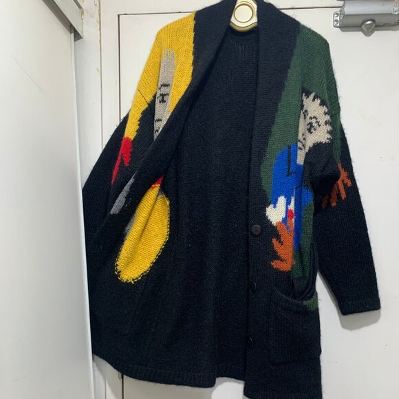 VINTAGE GRAPHIC KNIT BELTED WOOL SWEATER CARDIGANS SIZE XL - Picture 7 of 16